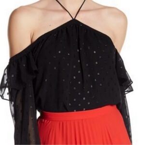 I STATE Black Glittery Halter Off-Shoulder Blouse | Puff Ruffled Sleeves | Moody